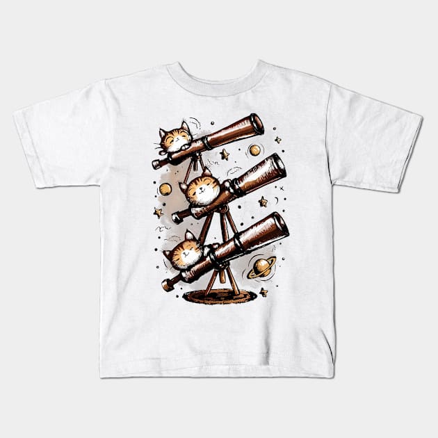 Cute cats with telescope seeing the cosmos Kids T-Shirt by Spaceboyishere